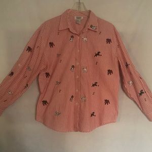 Teddi shirt L red & white strips puppy design roll up sleeves